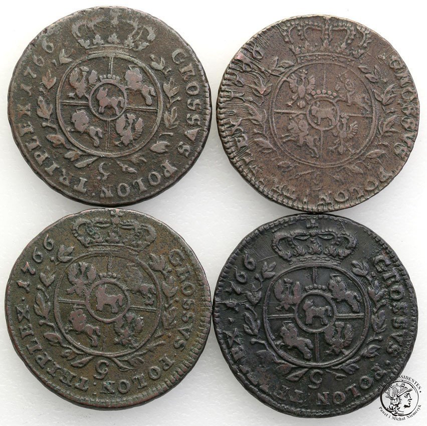 Stanisław August Poniatowski. Trojak (3 grosze) 1766 g, Kraków - zestaw 4 monet